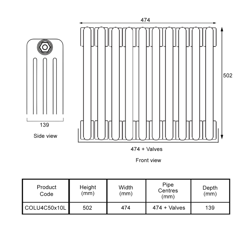 EcoRad Legacy Bare Metal Lacquer 4-Column Radiator 500mm High x 474mm Wide 10 Sections