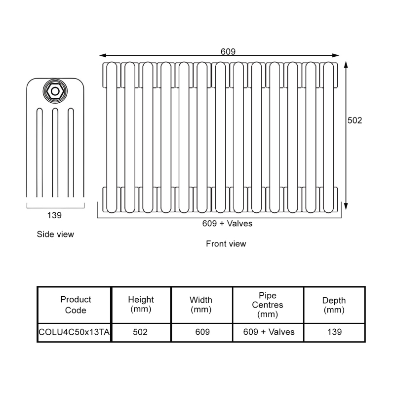 EcoRad Legacy Anthracite 4-Column Radiator 500mm High x 609mm Wide 13 Sections  | Dimension Image