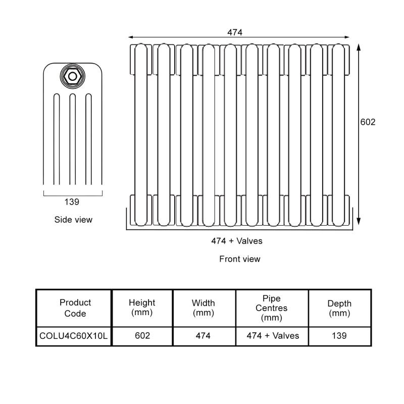 EcoRad Legacy Bare Metal Lacquer 4-Column Radiator 600mm High x 474mm Wide 10 Sections