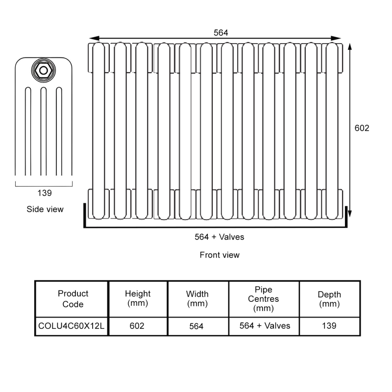 EcoRad Legacy Bare Metal Lacquer 4-Column Radiator 600mm High x 564mm Wide 12 Sections