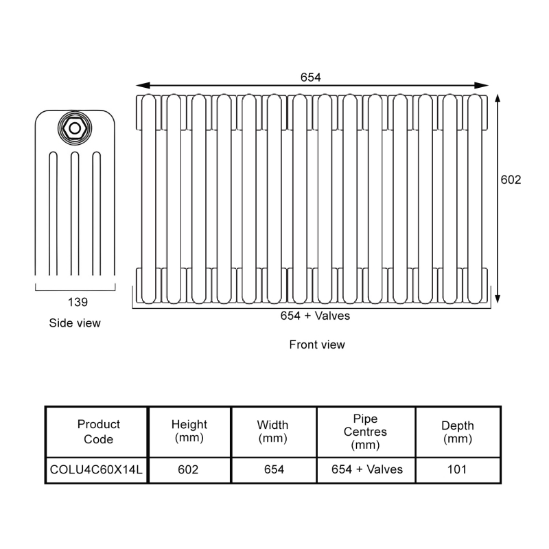 EcoRad Legacy Bare Metal Lacquer 4-Column Radiator 600mm High x 654mm Wide 14 Sections