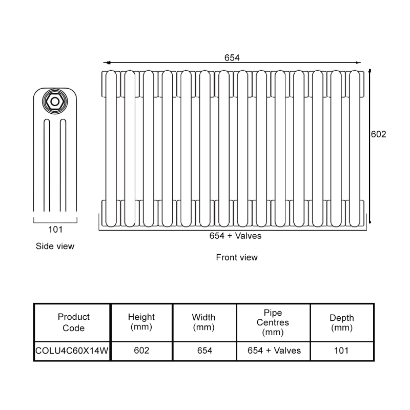 EcoRad Legacy White 4-Column Radiator 600mm High x 654mm Wide 14 Sections  | Dimension Image