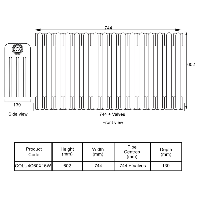 EcoRad Legacy White 4-Column Radiator 600mm High x 744mm Wide 16 Sections