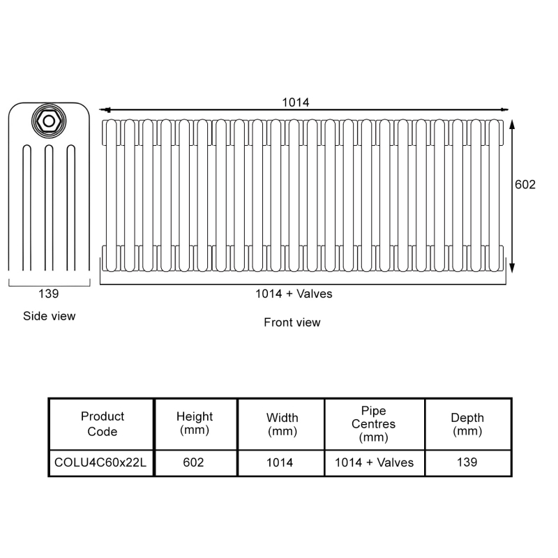 EcoRad Legacy Bare Metal Lacquer 4-Column Radiator 600mm High x 1014mm Wide 22 Sections