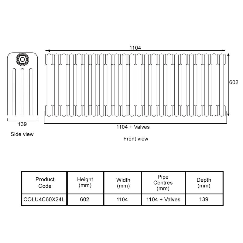 EcoRad Legacy Bare Metal Lacquer 4-Column Radiator 600mm High x 1104mm Wide 24 Sections