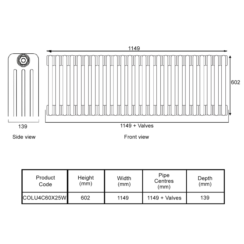 EcoRad Legacy White 4-Column Radiator 600mm High x 1149mm Wide 25 Sections