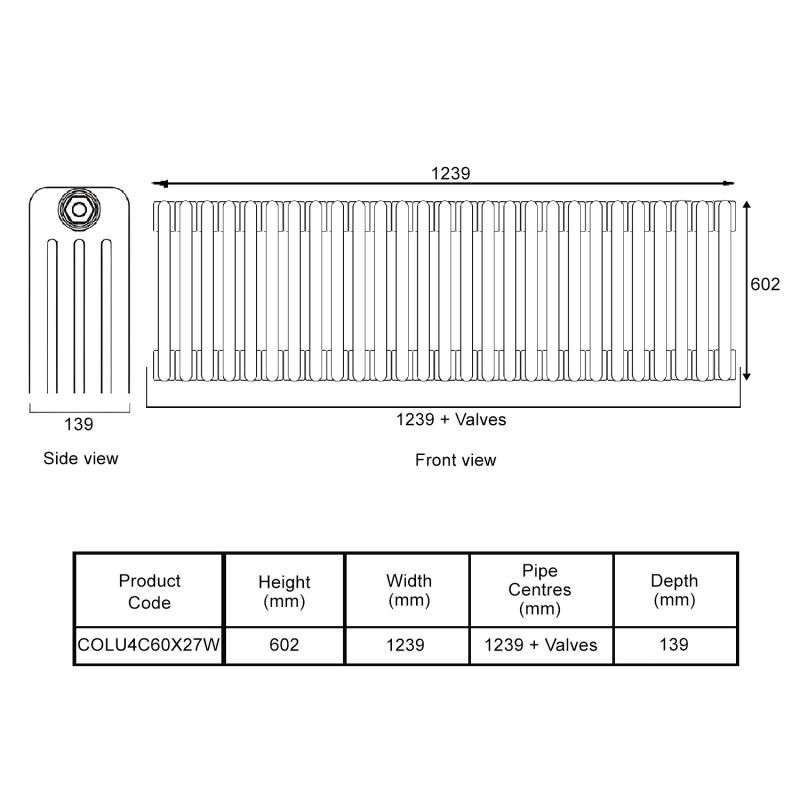 EcoRad Legacy White 4-Column Radiator 600mm High x 1239mm Wide 27 Sections
