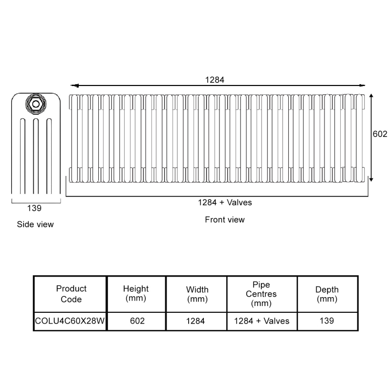 EcoRad Legacy White 4-Column Radiator 600mm High x 1284mm Wide 28 Sections