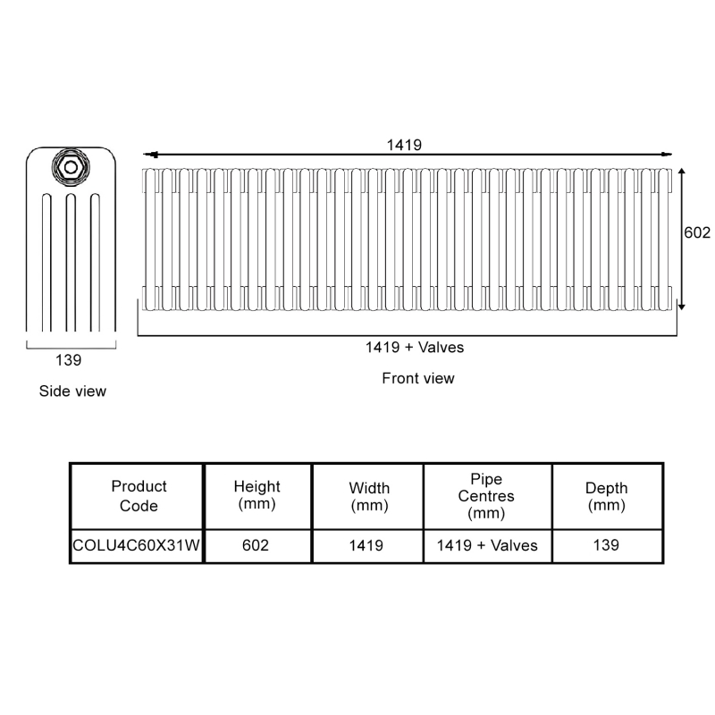 EcoRad Legacy White 4-Column Radiator 600mm High x 1419mm Wide 31 Sections