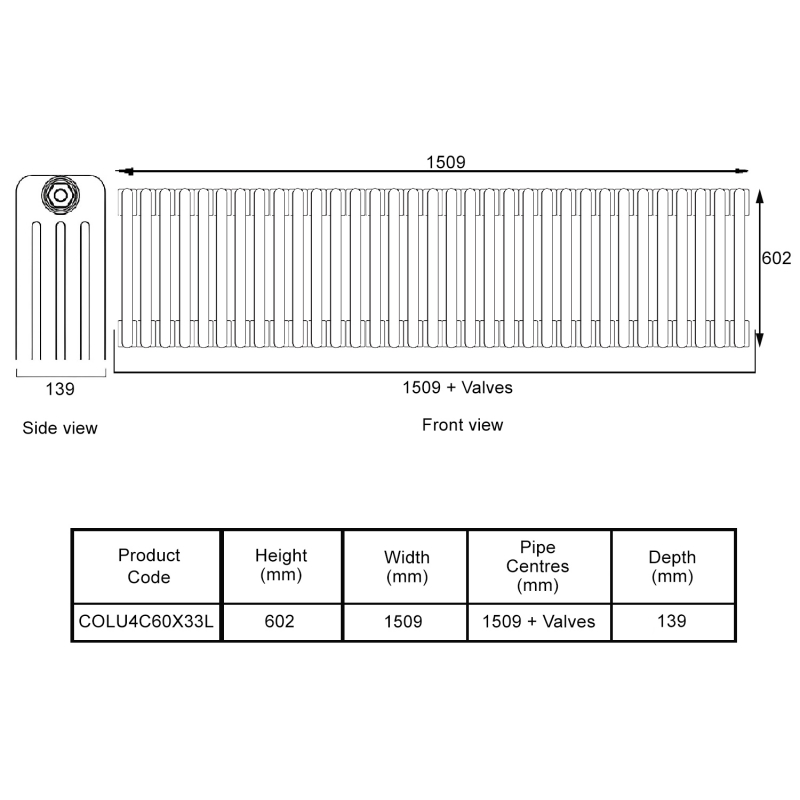 EcoRad Legacy Bare Metal Lacquer 4-Column Radiator 600mm High x 1509mm Wide 33 Sections  | Dimension Image