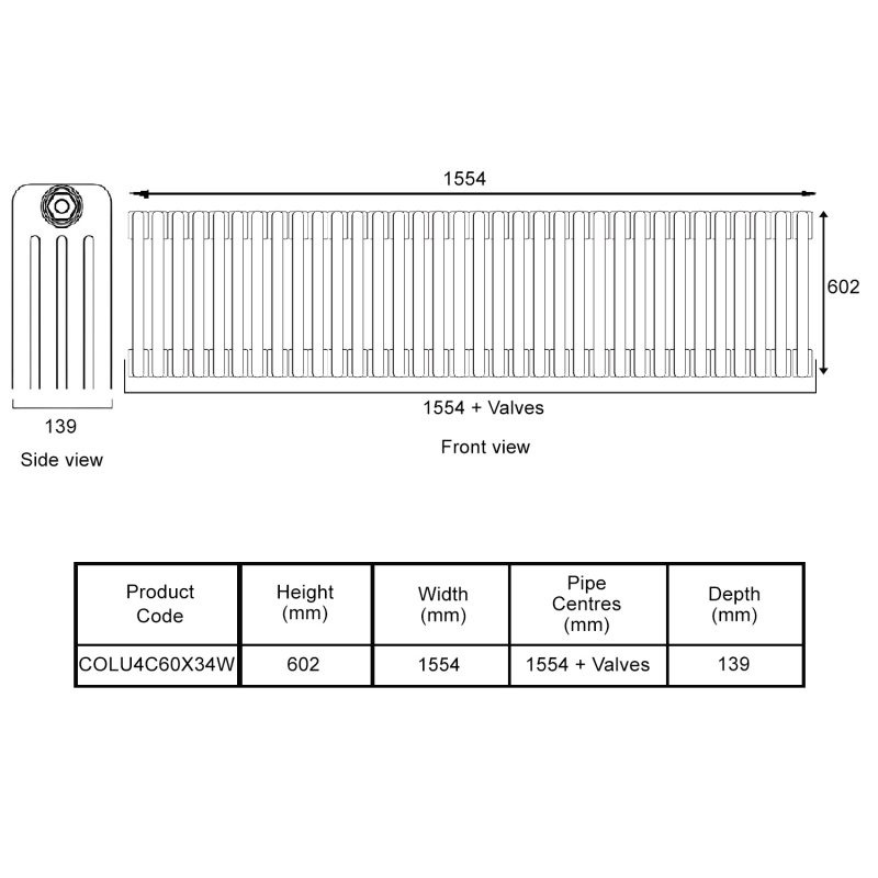 EcoRad Legacy White 4-Column Radiator 600mm High x 1554mm Wide 34 Sections