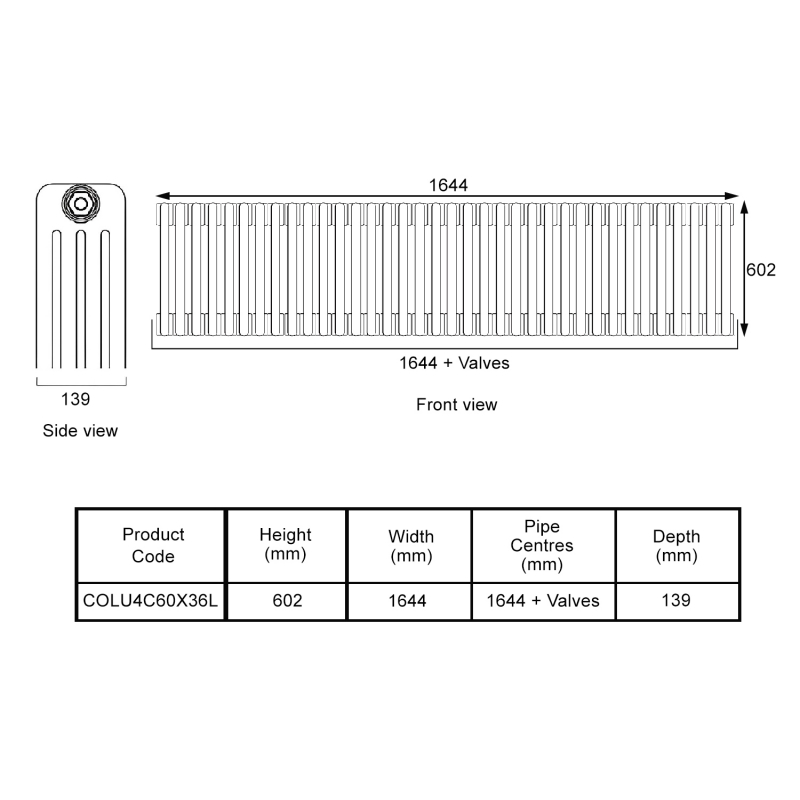 EcoRad Legacy Bare Metal Lacquer 4-Column Radiator 600mm High x 1644mm Wide 36 Sections