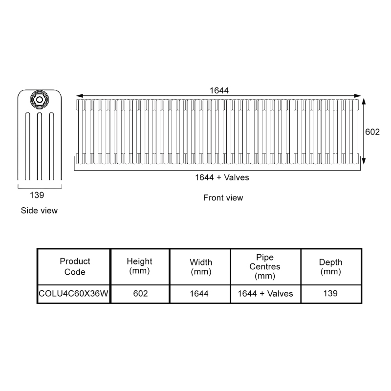 EcoRad Legacy White 4-Column Radiator 600mm High x 1644mm Wide 36 Sections