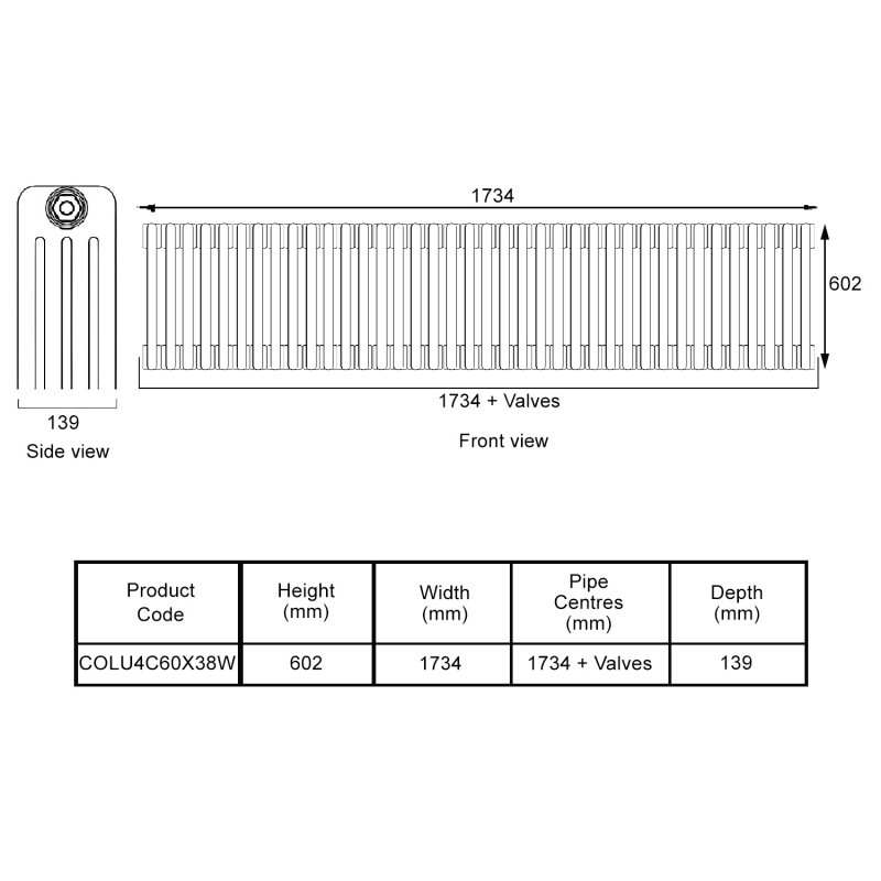 EcoRad Legacy White 4-Column Radiator 600mm High x 1734mm Wide 38 Sections