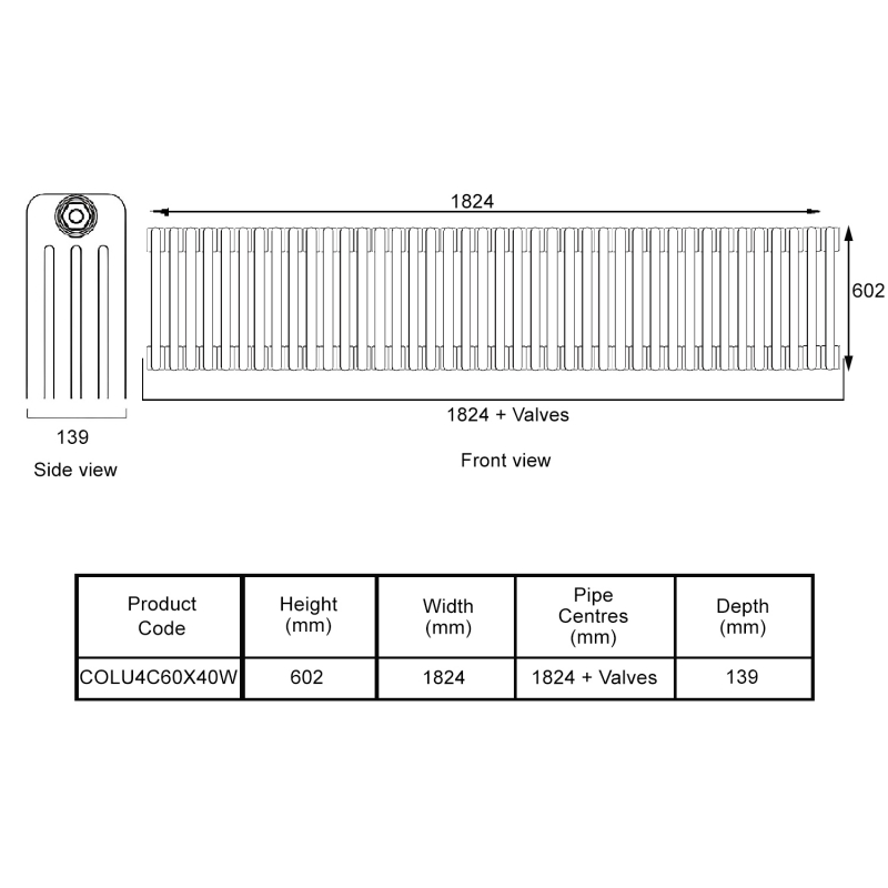 EcoRad Legacy White 4-Column Radiator 600mm High x 1824mm Wide 40 Sections
