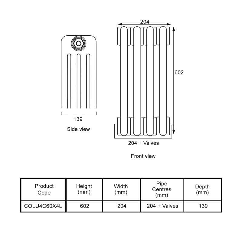 EcoRad Legacy Bare Metal Lacquer 4-Column Radiator 600mm High x 204mm Wide 4 Sections
