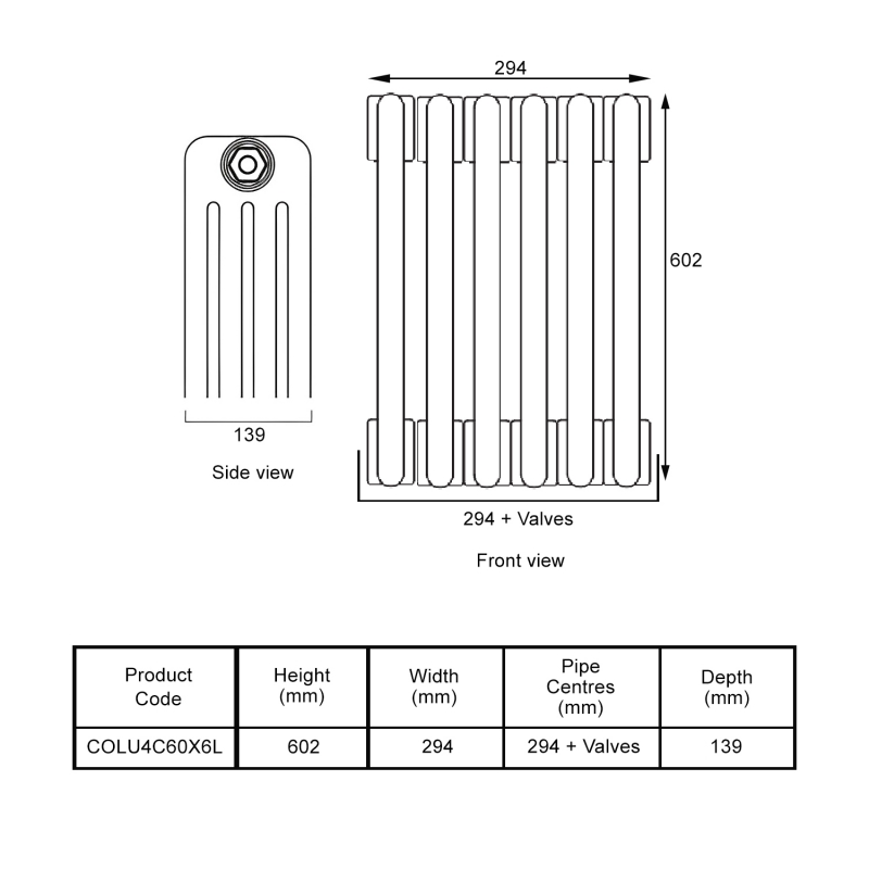 EcoRad Legacy Bare Metal Lacquer 4-Column Radiator 600mm High x 294mm Wide 6 Sections  | Dimension Image
