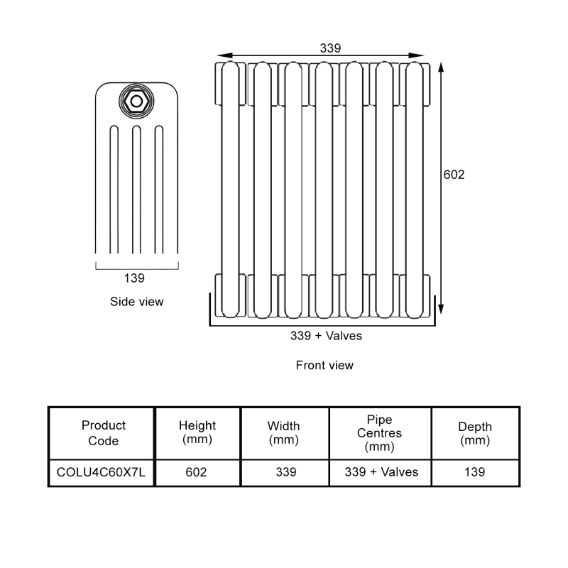 EcoRad Legacy Bare Metal Lacquer 4-Column Radiator 600mm High x 339mm Wide 7 Sections
