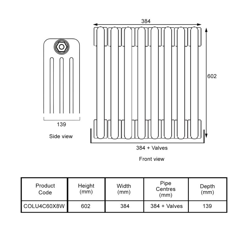 EcoRad Legacy White 4-Column Radiator 600mm High x 384mm Wide 8 Sections  | Dimension Image