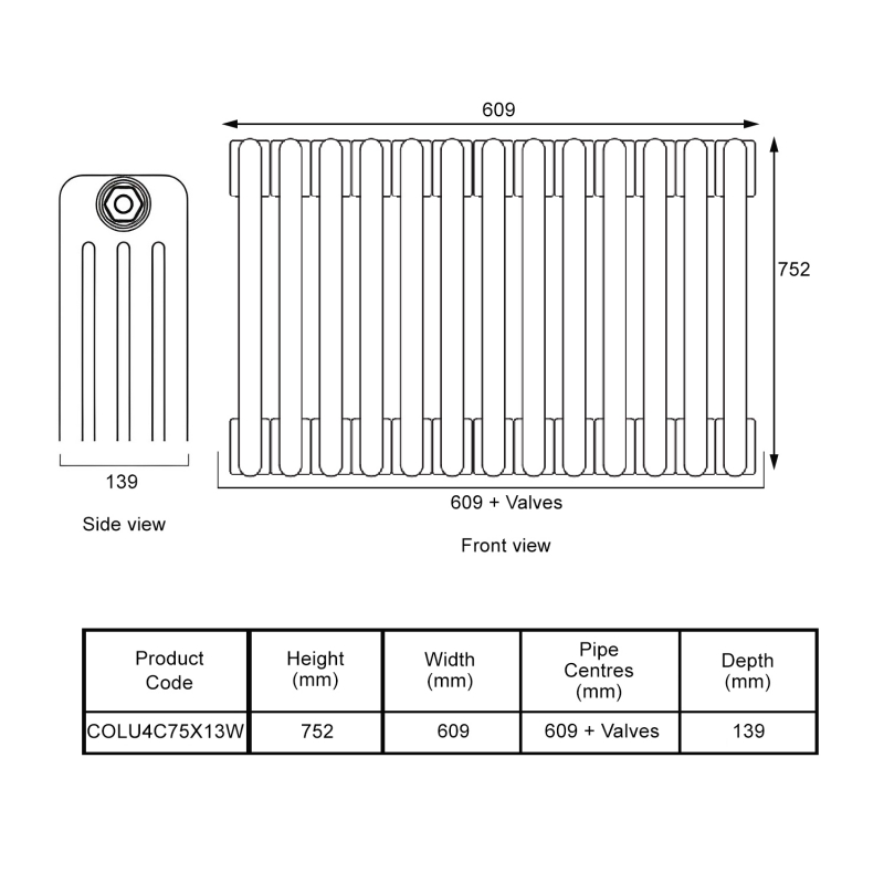 EcoRad Legacy White 4-Column Radiator 752mm High x 609mm Wide 13 Sections