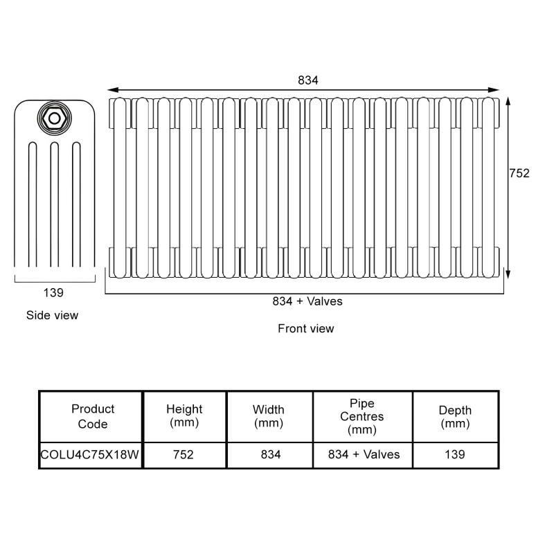 EcoRad Legacy White 4-Column Radiator 752mm High x 834mm Wide 18 Sections
