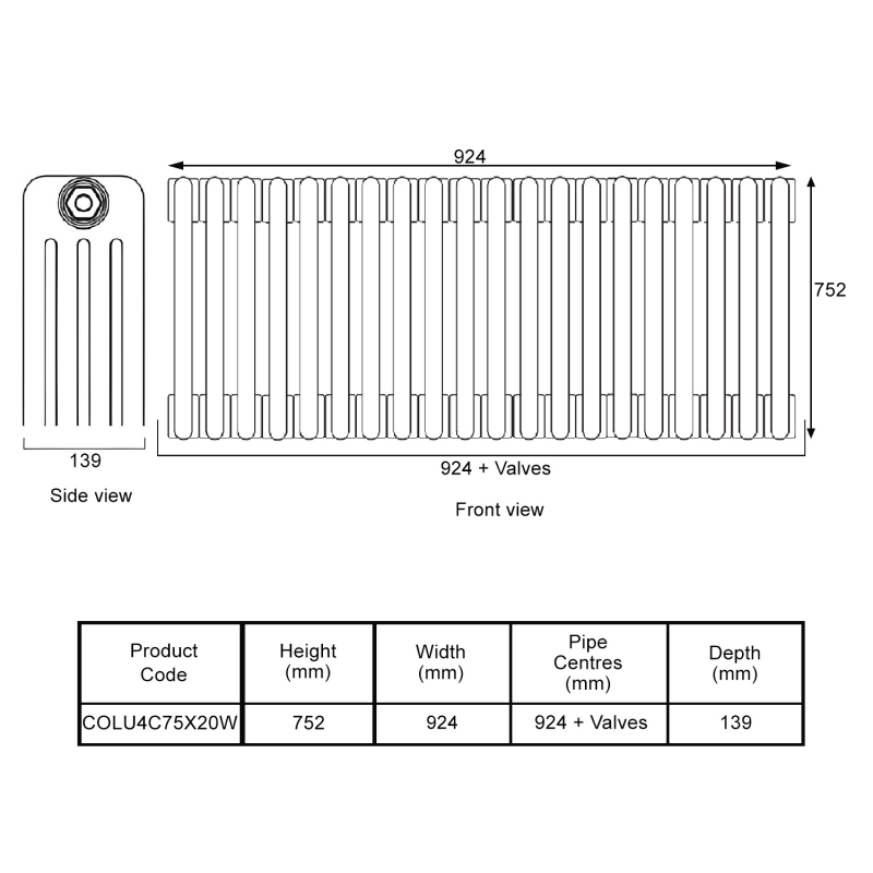 EcoRad Legacy White 4-Column Radiator 752mm High x 924mm Wide 20 Sections