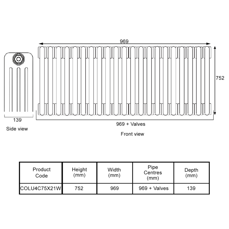 EcoRad Legacy White 4-Column Radiator 752mm High x 969mm Wide 21 Sections