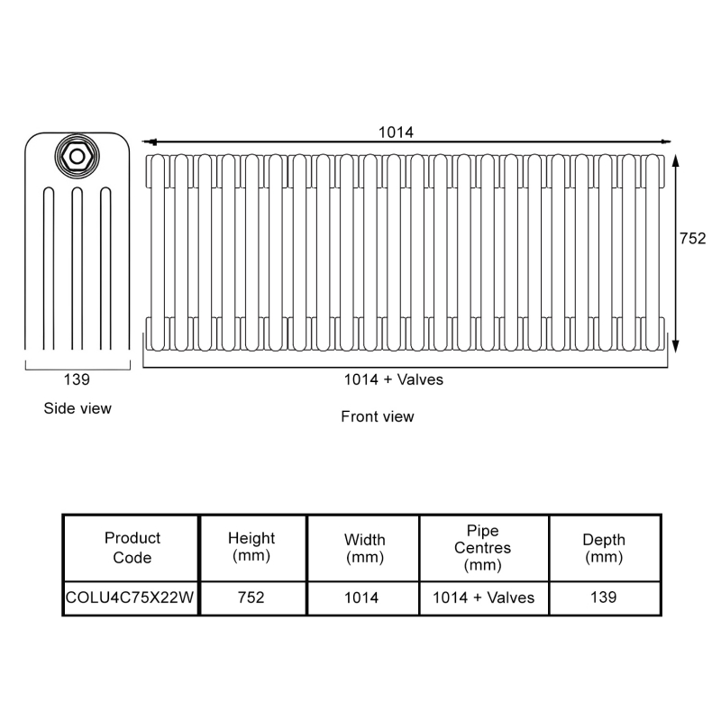 EcoRad Legacy White 4-Column Radiator 752mm High x 1014mm Wide 22 Sections