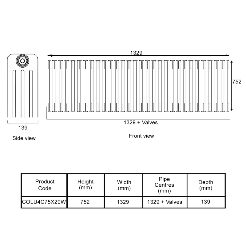 EcoRad Legacy White 4-Column Radiator 752mm High x 1329mm Wide 29 Sections
