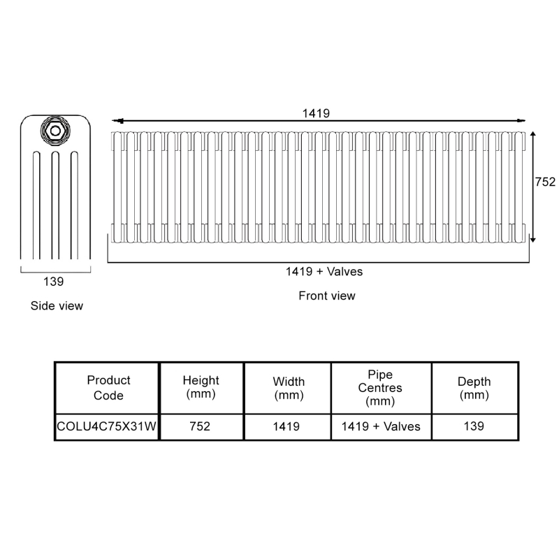 EcoRad Legacy White 4-Column Radiator 752mm High x 1419mm Wide 31 Sections