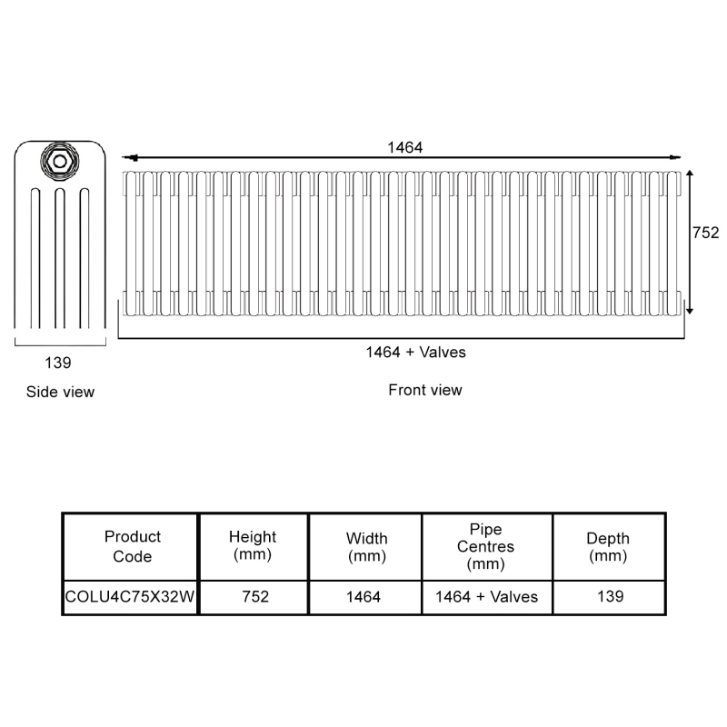 EcoRad Legacy White 4-Column Radiator 752mm High x 1464mm Wide 32 Sections