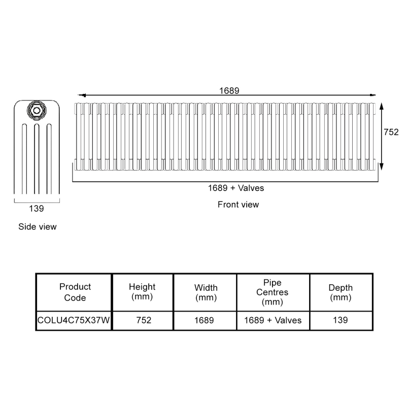 EcoRad Legacy White 4-Column Radiator 752mm High x 1689mm Wide 37 Sections