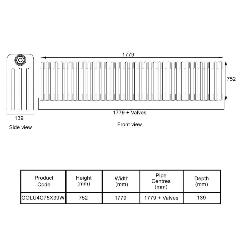 EcoRad Legacy White 4-Column Radiator 752mm High x 1779mm Wide 39 Sections