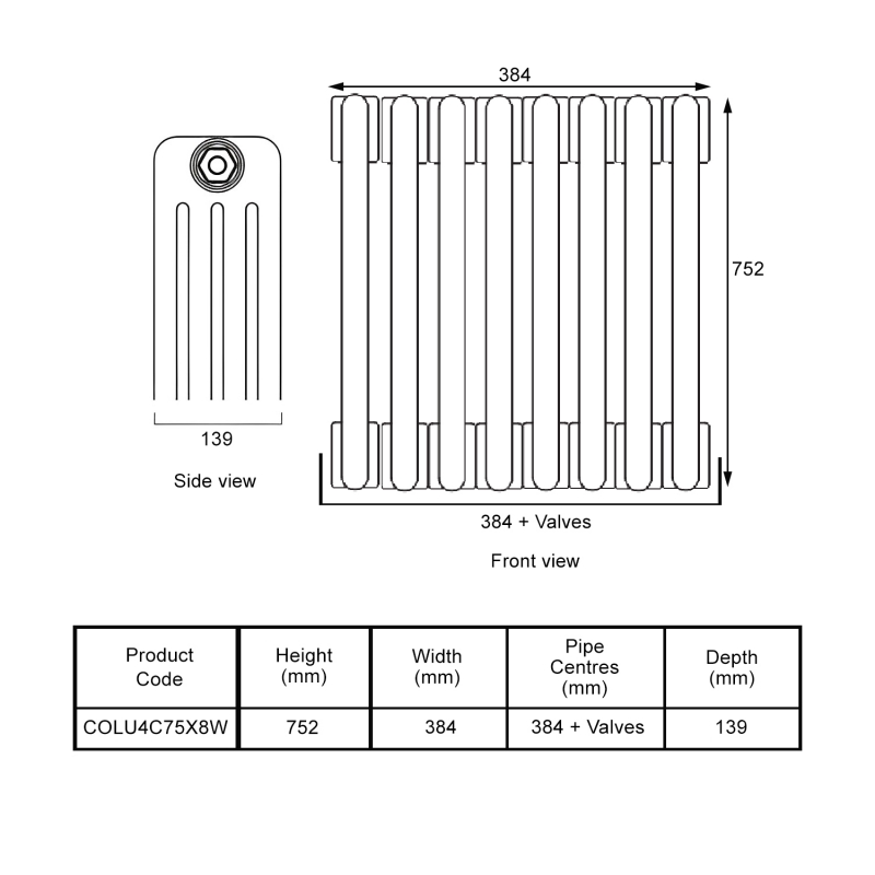 EcoRad Legacy White 4-Column Radiator 752mm High x 384mm Wide 8 Sections