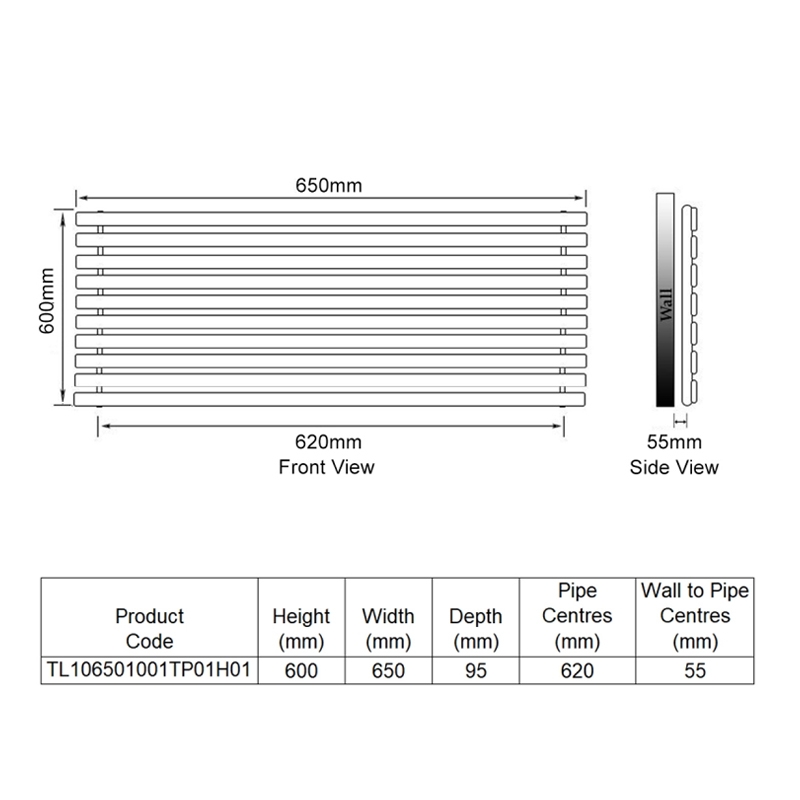 EcoRad Concept Single Horizontal Radiator 600mm H x 650mm W (10 Sections) - White