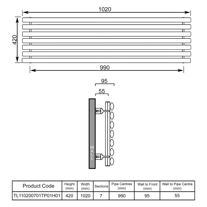 EcoRad Concept Single Horizontal Radiator 420mm H x 1020mm W (7 Sections) - White