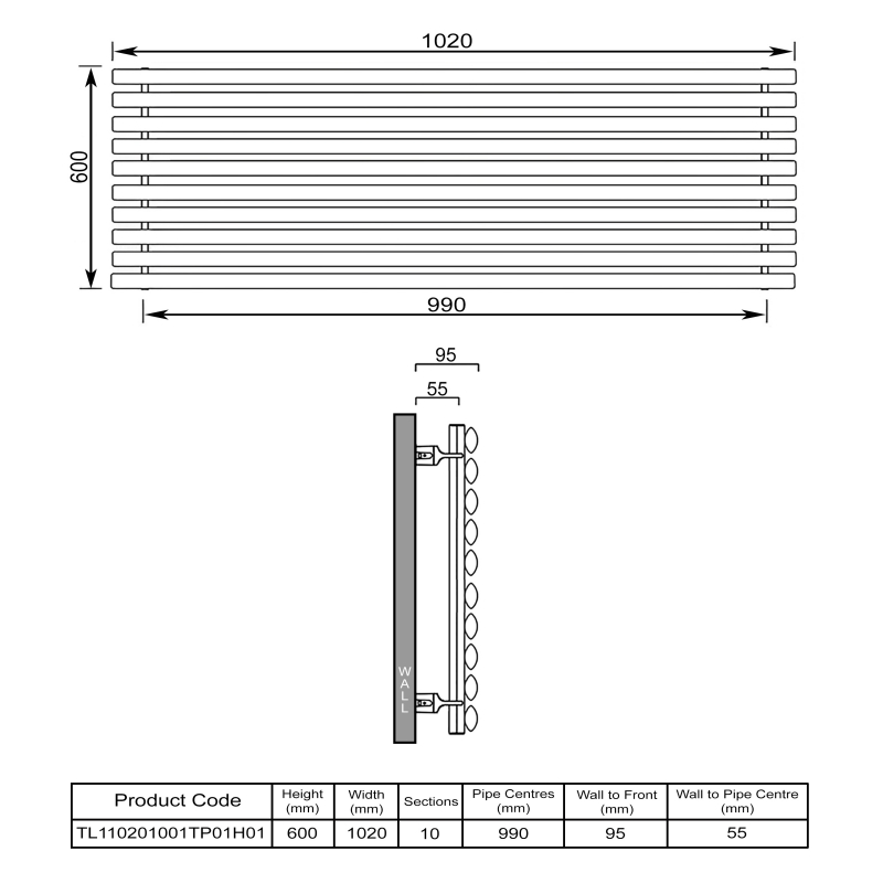 EcoRad Concept Single Horizontal Radiator 600mm H x 1020mm W (10 Sections) - White