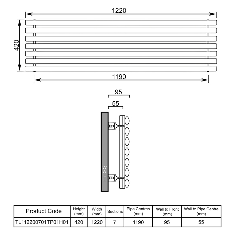 EcoRad Concept Single Horizontal Radiator 420mm H x 1220mm W (7 Sections) - White