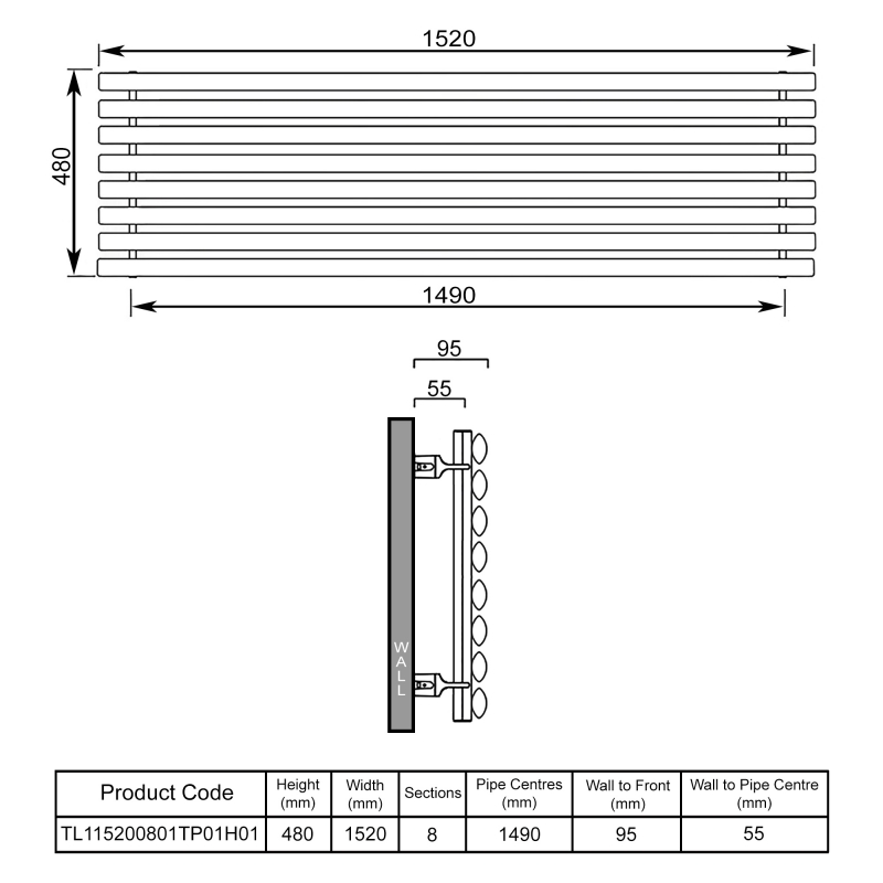 EcoRad Concept Single Horizontal Radiator 480mm H x 1520mm W (8 Sections) - White