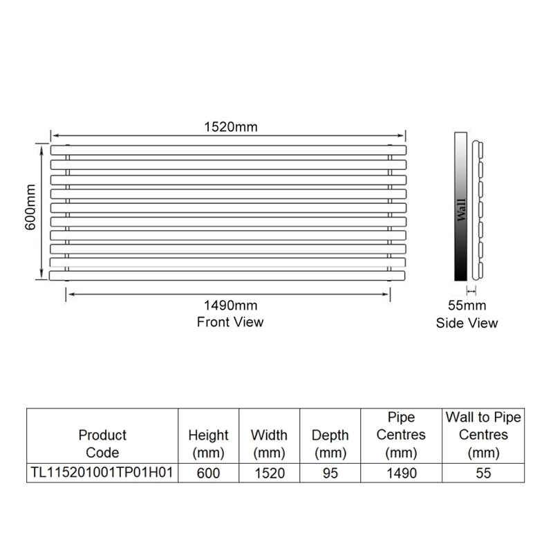 EcoRad Concept Single Horizontal Radiator 600mm H x 1520mm W (10 Sections) - White