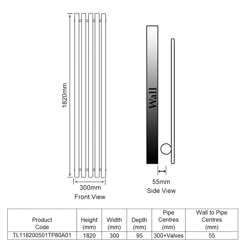 EcoRad Concept Single Vertical Designer Radiator 1820mm H x 300mm W - White