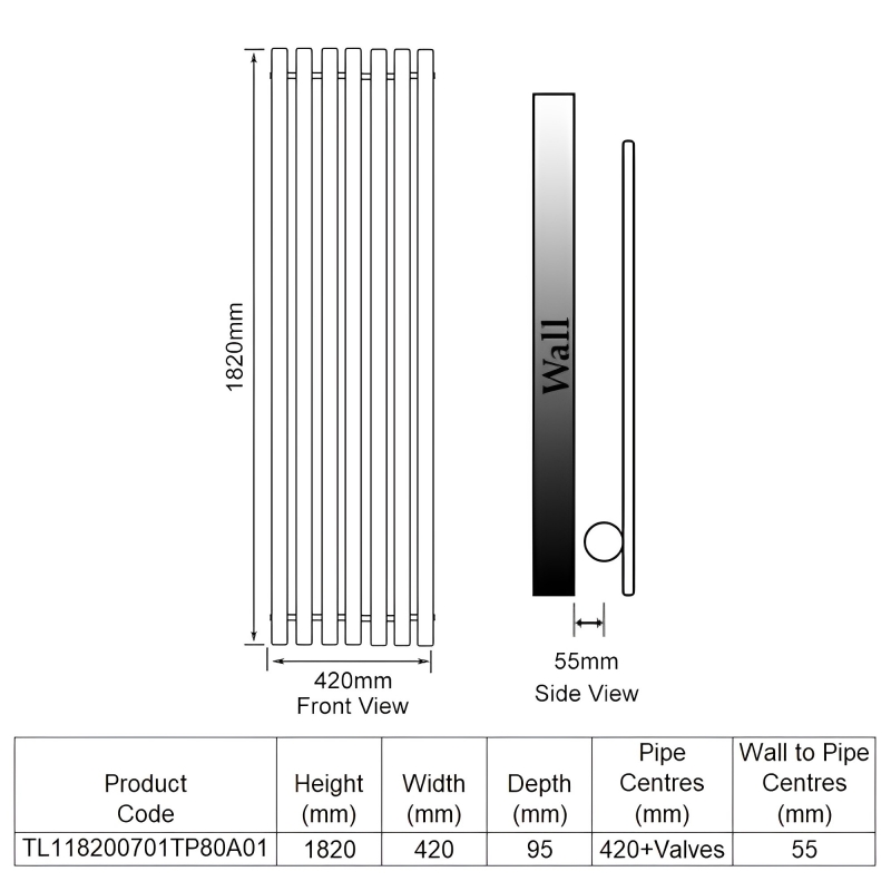 EcoRad Concept Single Vertical Designer Radiator 1820mm H x 420mm W - White