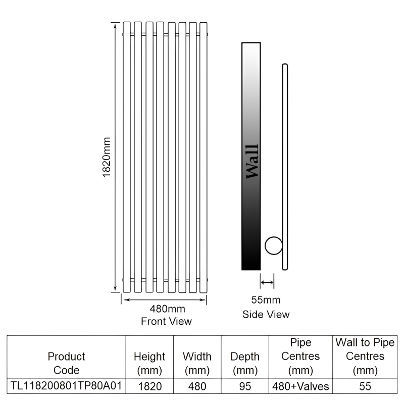 EcoRad Concept Single Vertical Designer Radiator 1820mm H x 480mm W - White