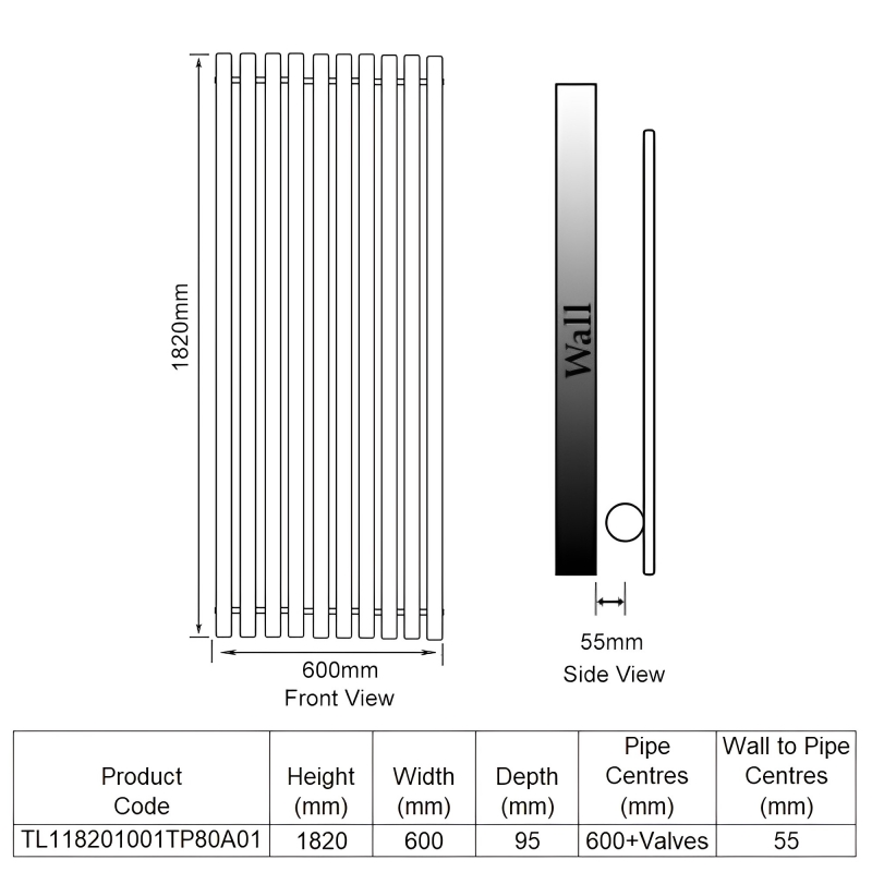EcoRad Concept Single Vertical Designer Radiator 1820mm H x 600mm W - White