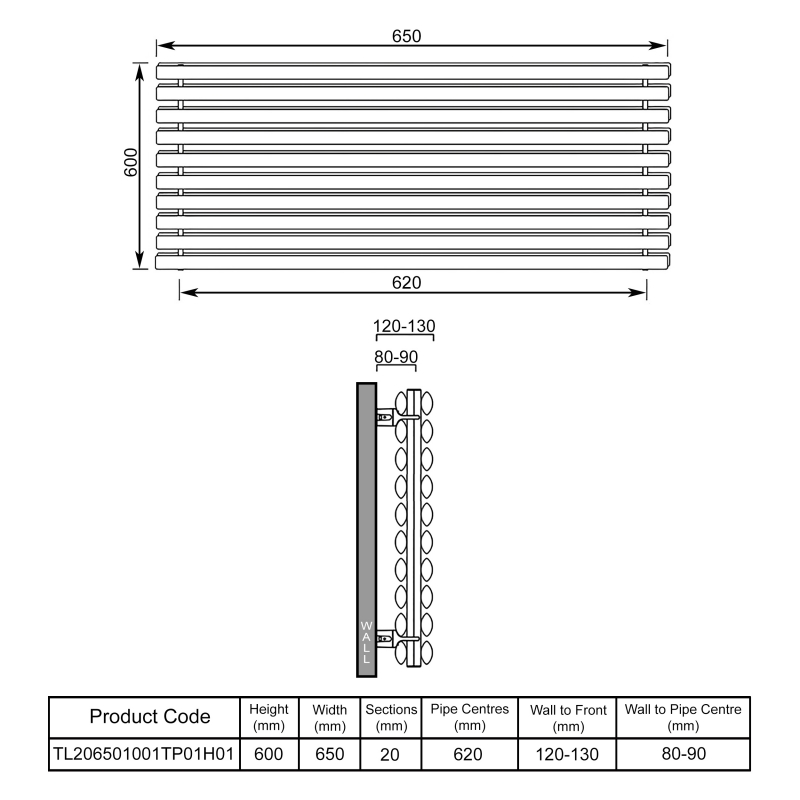 EcoRad Concept Double Horizontal Radiator 600mm H x 650mm W (20 Sections) - White  | Dimension Image