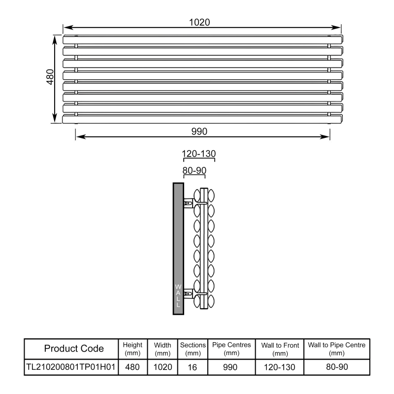 EcoRad Concept Double Horizontal Radiator 480mm H x 1020mm W (16 Sections) - White