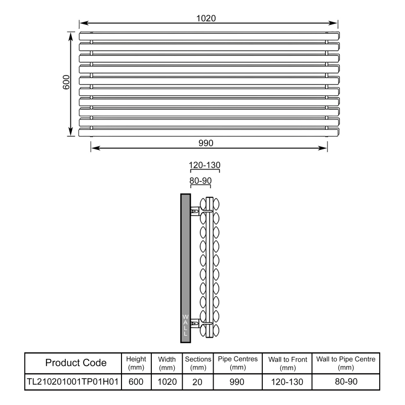EcoRad Concept Double Horizontal Radiator 600mm H x 1020mm W (20 Sections) - White