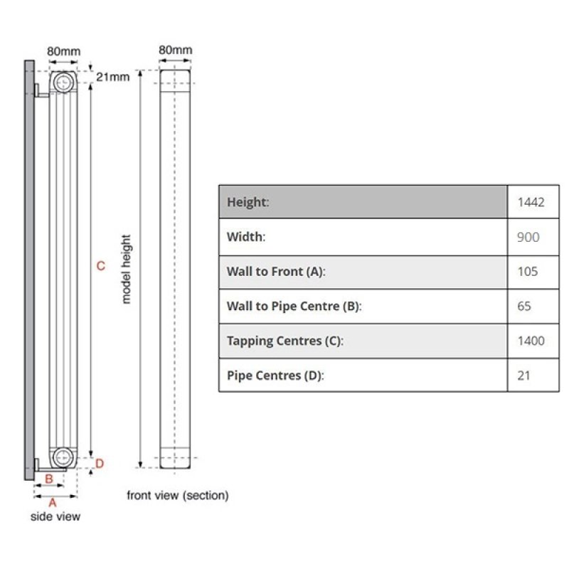 Faral Vertical Longo Aluminium Radiator 1442mm H x 900mm W 11 Sections White