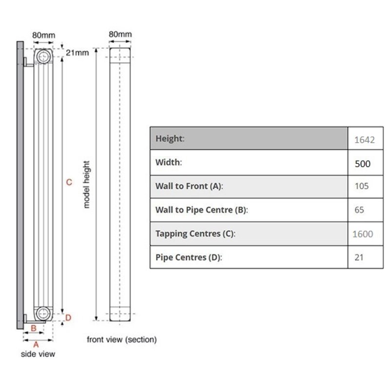 Faral Vertical Longo Aluminium Radiator 1642mm H x 500mm W 6 Sections White