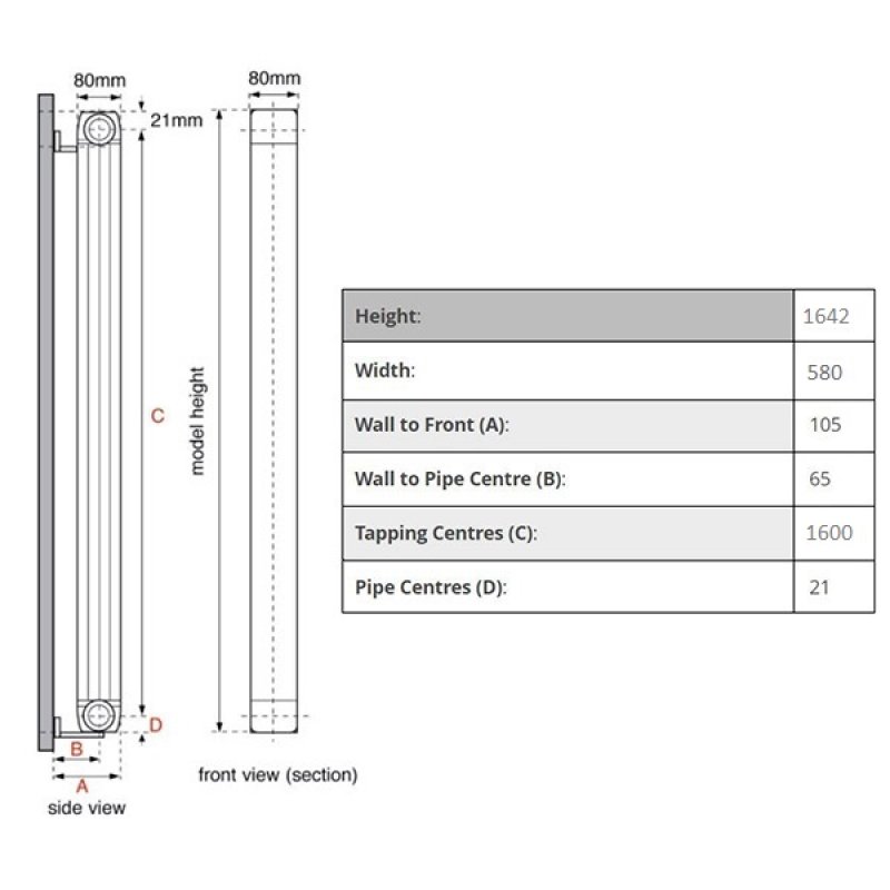 Faral Vertical Longo Aluminium Radiator 1642mm H x 580mm W 7 Sections White